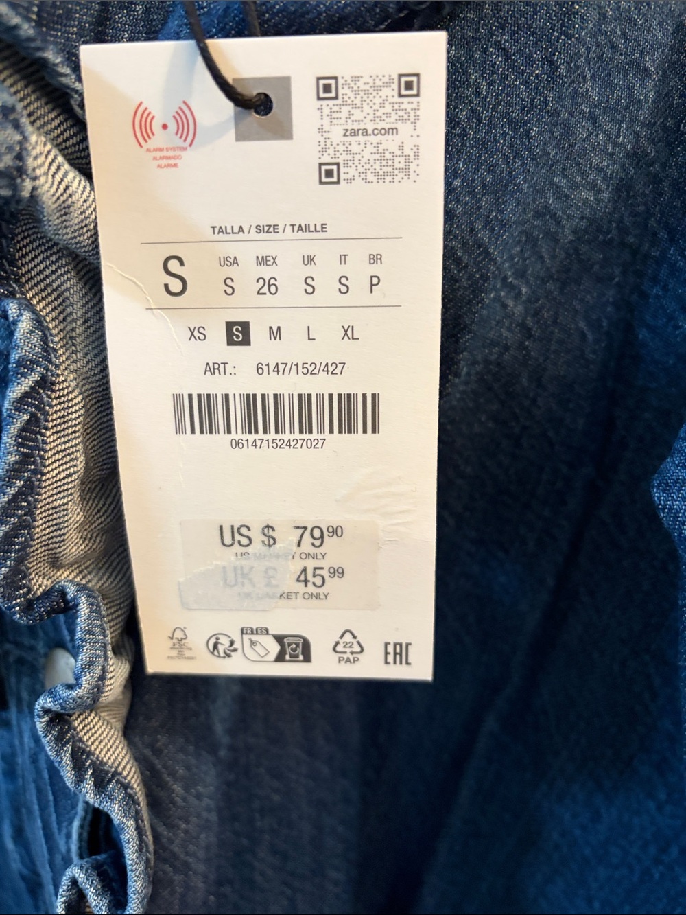 Zara Blue Denim Ruffle-Trim Button Front Blouse - Picture 2 of 2